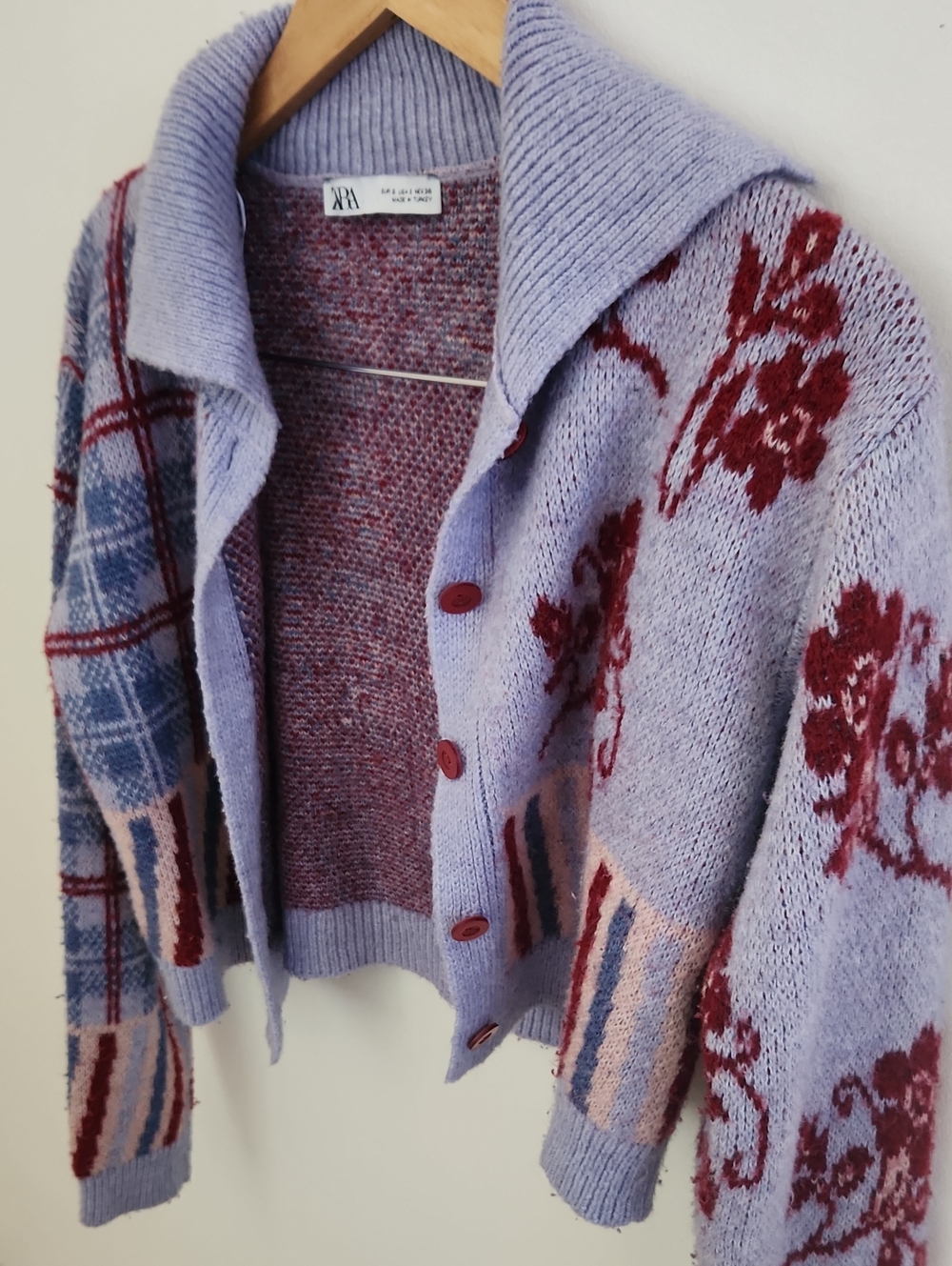 Zara Jacquard Plaid Flora Multi-Pattern Knit Button Cardigan Purple Small - Picture 4 of 6